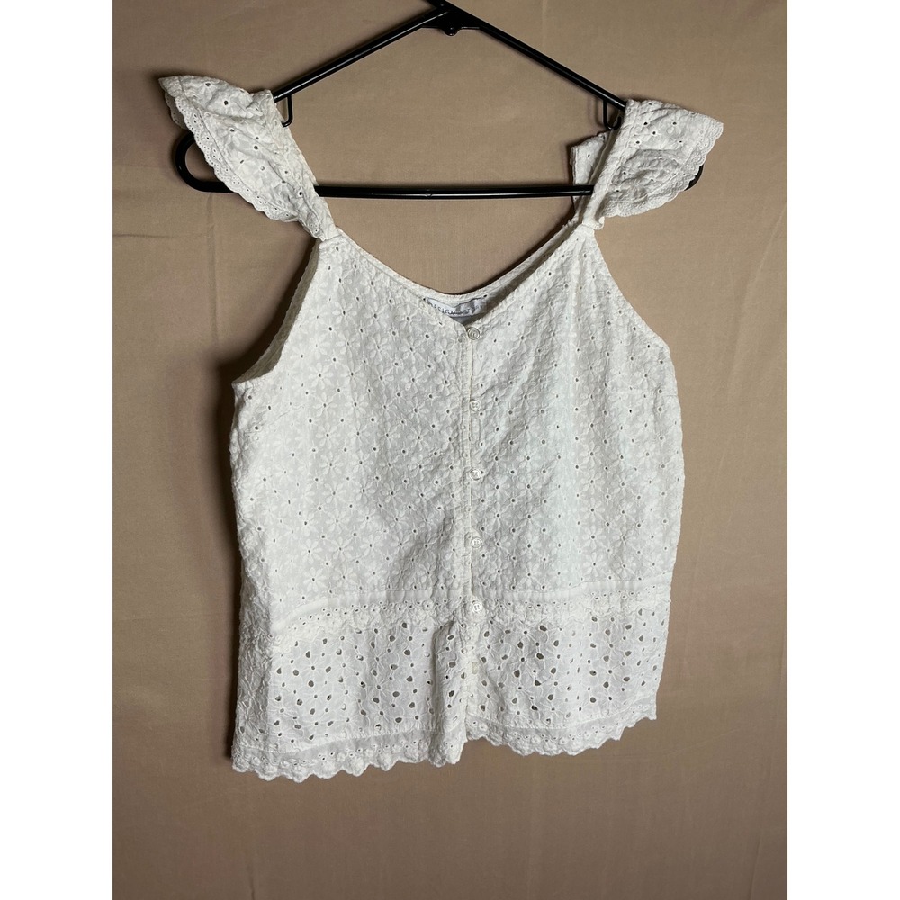 Design History White Eyelet Cotton Ruffle Strap Button Front Tank Top‎ Size 8